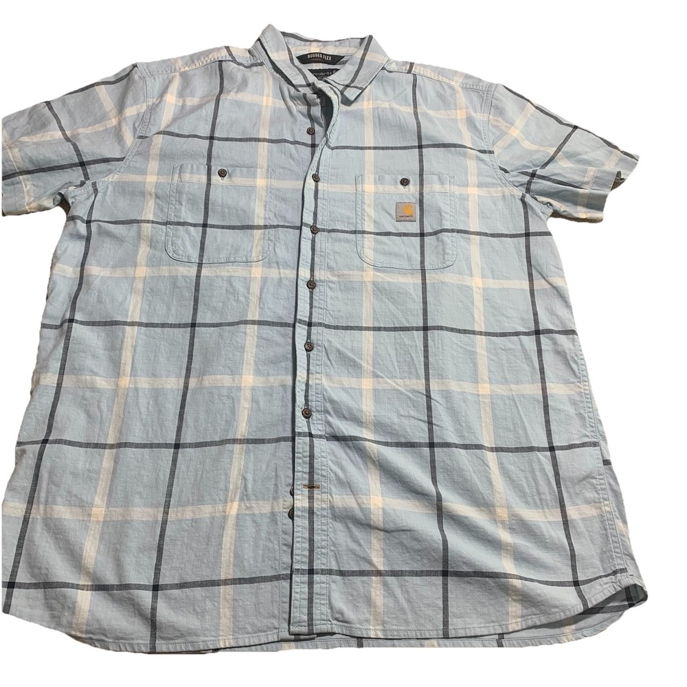 Carhartt Men's 2XL Loose Fit Button Short Sleeve Shirt Light Blue Plaid